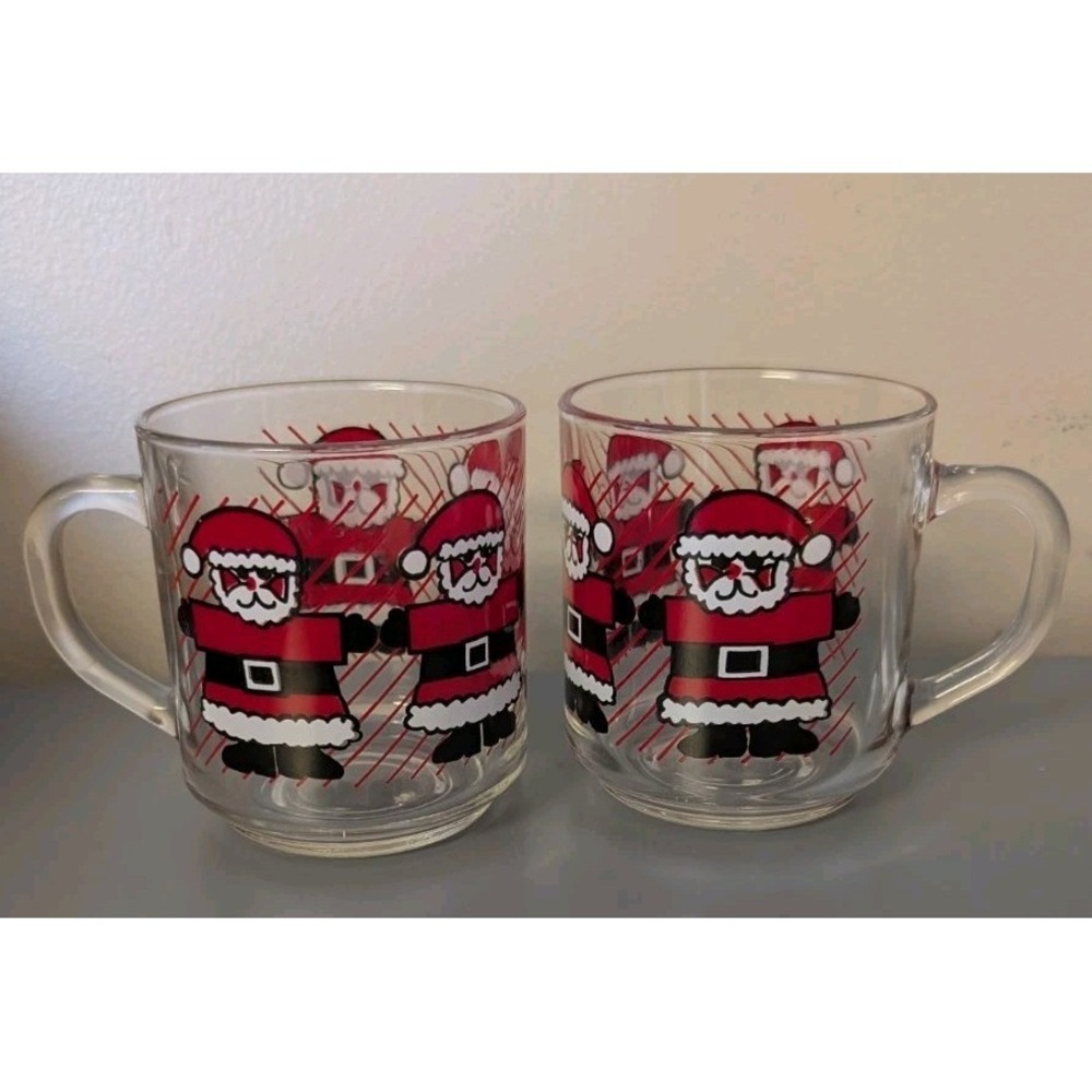 2 Vintage Luminarc Christmas Santa Claus Glass Coffee Cups Mugs Retro